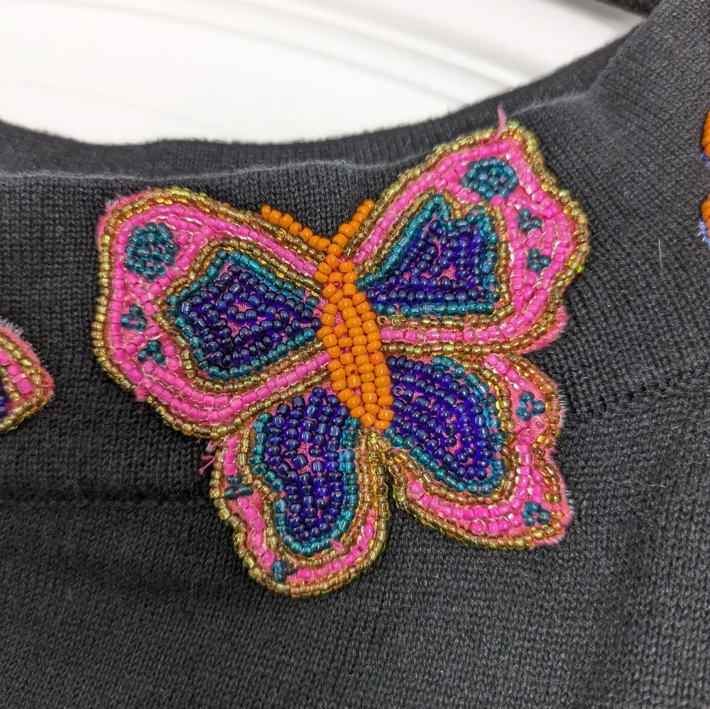 Vintage Belle Pointe Beaded Butterfly Sweater Size Medium Black 3/4 Sleeve‎